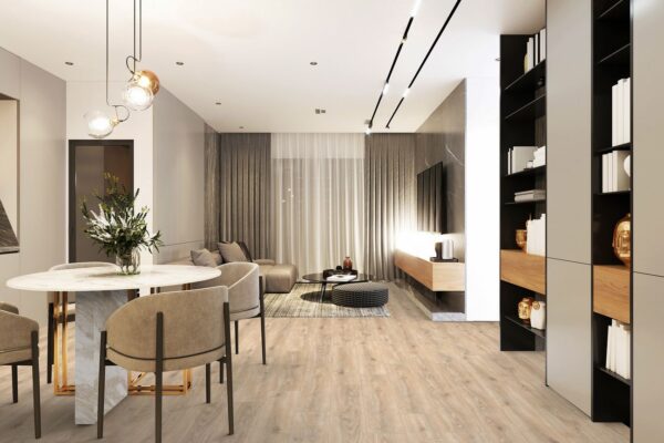 Albendo, vloeren specialist - Moderne open woon- en eetkamer met Laminaat Natuur Licht Rustiek vloeren, ronde marmeren eettafel met vier stoelen, gezellige bank, tv aan de muur, grote ramen met gordijnen en planken met boeken en decor.