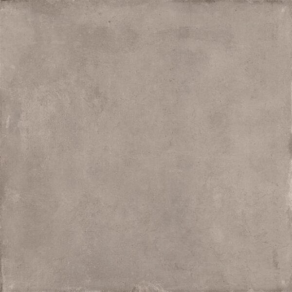 Albendo, vloeren specialist - De Vloertegel / Wandtegel Cloud Taupe 90x90cm heeft een vierkant, gestructureerd oppervlak met een gevlekte lichtbruine en grijsachtige look, dat lijkt op beton of steen met subtiele kleurvariaties.