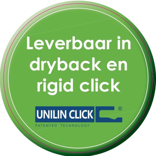 Albendo, vloeren specialist - Groene ronde badge vermeldt: Leverbaar in dryback en rigid click. Daaronder staat in een blauw kader "UNILIN CLICK" met zijn logo en "PATENTED TECHNOLOGY" voor Click PVC 2800 (rigid click) Desert.