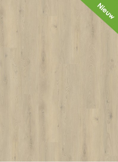 Albendo, vloeren specialist - Click PVC 2800 (harde klik) Desert (kopie) heeft een lichte houtnerf met een natuurlijke, subtiele textuur. Een groene "Nieuw"-banner rechtsboven geeft aan dat deze vloer een nieuw product is.