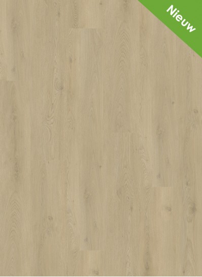 Albendo, vloeren specialist - Click PVC 2801 (harde klik) Beige heeft een licht eikenpatroon met natuurlijke nerf. In de groene banner rechtsboven staat "Nieuw", wat aangeeft dat het een nieuw product is.