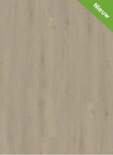 Albendo, vloeren specialist - Click PVC2802 (harde klik) Natural light (kopie) heeft een lichte houtlook laminaat met een subtiele nerf. Een groen label in de rechterbovenhoek zegt "Nieuw", wat aangeeft dat dit een nieuw product is.