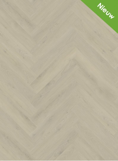Albendo, vloeren specialist - Lichthouten visgraatvloer (Click PVC Visgraat 2900 Desert) met een groen hoeklabel met de tekst "Nieuw", wat aangeeft dat het product nieuw is.