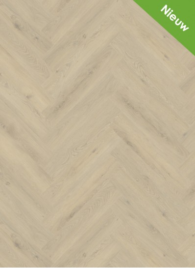 Albendo, vloeren specialist - Click PVC Visgraat 2901 (harde klik) Beige heeft een licht houten visgraatmotief en een groene hoekbanner met de tekst "Nieuw" om aan te geven dat het een nieuw product is.