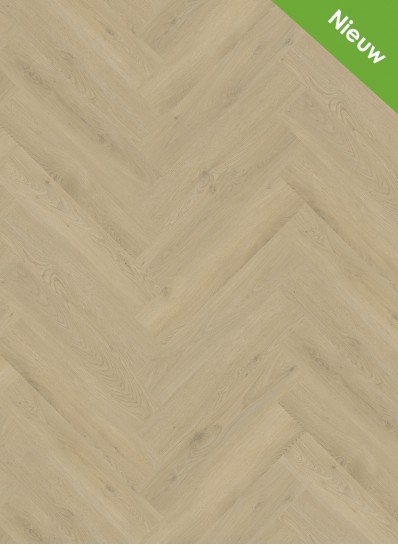 Albendo, vloeren specialist - De Click PVC Visgraat 2901 (Rigid Click) Beige heeft een licht houten visgraatvloer met natuurlijke nerven. Een groene hoekbanner rechtsboven toont "Nieuw," Nederlands voor "Nieuw.