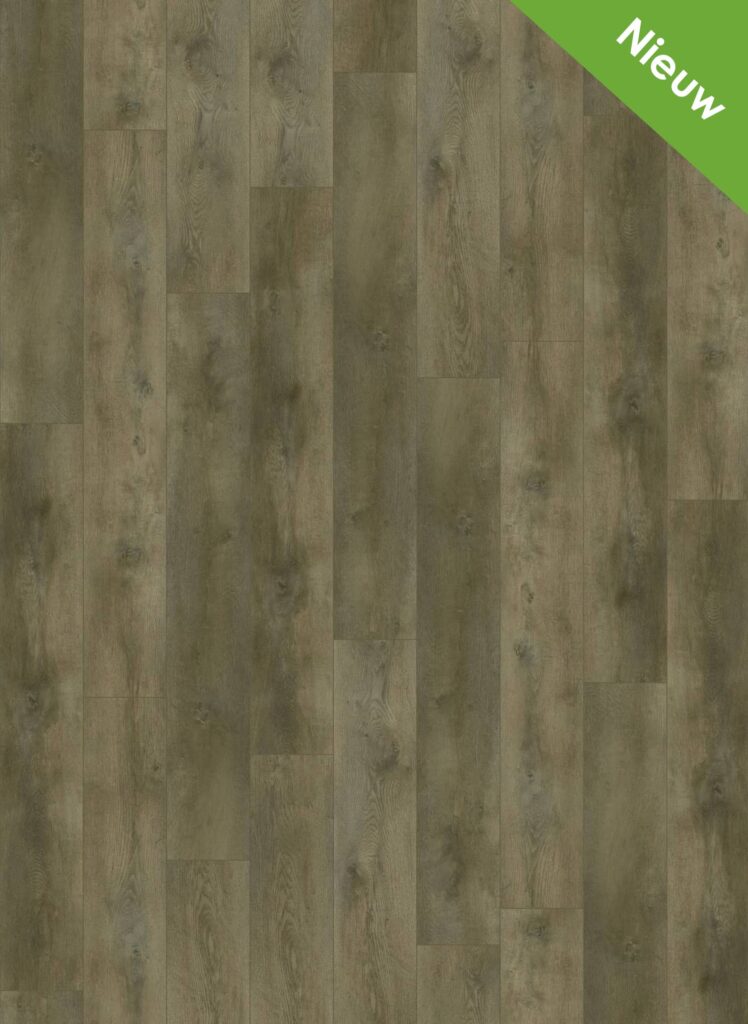 Albendo, vloeren specialist - Click PVC 7000 (Rigid Click) Valley Oak Smoked heeft vinylvloeren met een natuurlijke bruine houtstructuur in een verspringende lay-out. Een groen hoeklabel rechtsboven toont "Nieuw" in het Nederlands, wat aangeeft dat het product nieuw is.