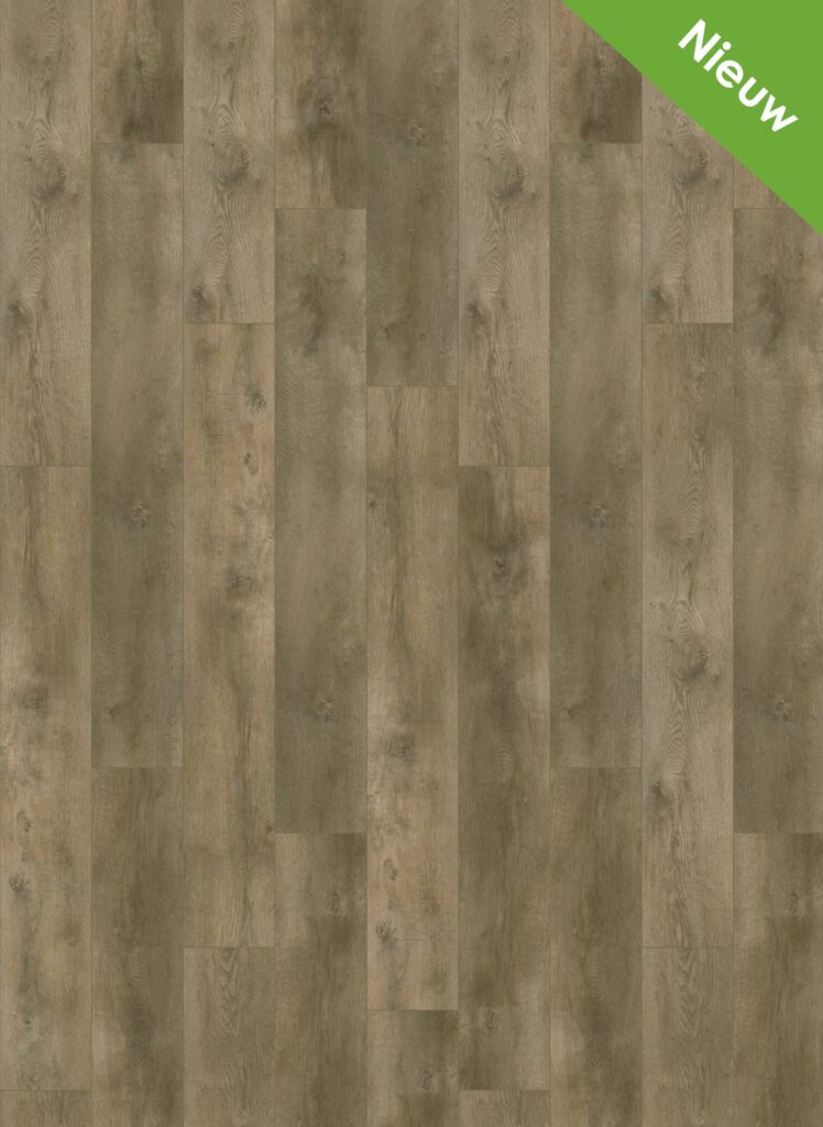 Albendo, vloeren specialist - Lichtbruine, houtlook Click PVC 7000 (Rigid Click) Valley Oak Smoked planken hebben een natuurlijke nerfstructuur. In de rechterbovenhoek staat een groen driehoekje met de tekst "Nieuw".
