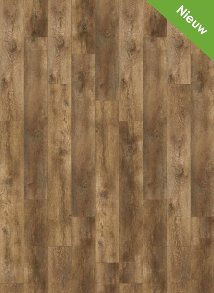 Albendo, vloeren specialist - Click PVC 7001 (Rigid Click) Valley Oak Pepper heeft middenbruin laminaat met houtlook en een natuurlijk nerfpatroon. Een groen "Nieuw" label in de rechterbovenhoek geeft aan dat dit product nieuw is.