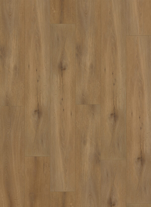 Albendo, vloeren specialist - 5100 (harde klik) Natuurlijk Eiken Donker heeft middelbruine planken met natuurlijke houtnerven, knoesten en subtiele kleurvariaties, gerangschikt in een verspringende lay-out voor een gladde, goed onderhouden uitstraling.