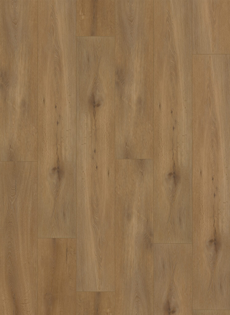 Albendo, vloeren specialist - 5100 (harde klik) Natuurlijk Eiken Donker heeft middelbruine planken met natuurlijke houtnerven, knoesten en subtiele kleurvariaties, gerangschikt in een verspringende lay-out voor een gladde, goed onderhouden uitstraling.
