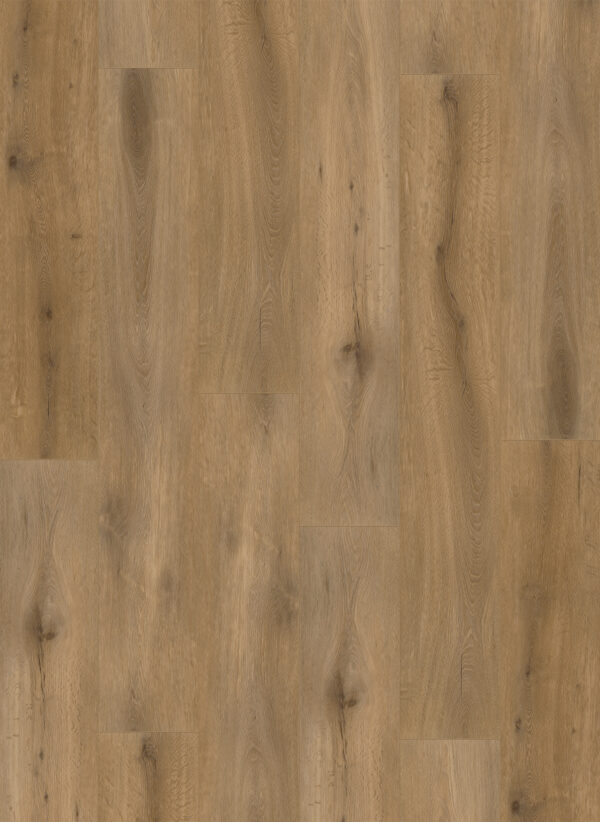 Albendo, vloeren specialist - Close-up van Click PVC 5100 (harde klik) Eik natuur donker, met houtnerven en knoesten in warme bruintinten. De planken zijn gerangschikt in een verspringend horizontaal patroon voor een natuurlijke eiken afwerking.