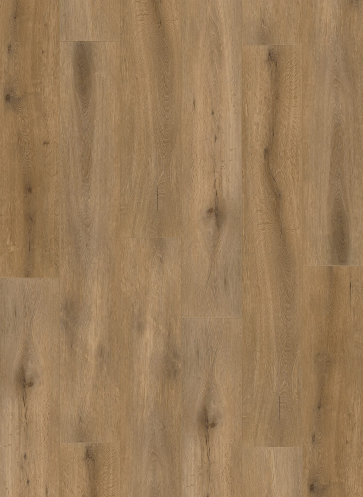 Albendo, vloeren specialist - Close-up van Click PVC 5100 (harde klik) Eik natuur donker, met houtnerven en knoesten in warme bruintinten. De planken zijn gerangschikt in een verspringend horizontaal patroon voor een natuurlijke eiken afwerking.