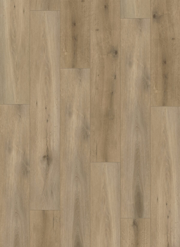 Albendo, vloeren specialist - Click PVC 5102 (harde klik) Natuurlijk Eiken heeft lichtbruine planken met een natuurlijke nerf en knoestenpatroon, gelegd in een verspringend ontwerp voor een warme, rustieke uitstraling.