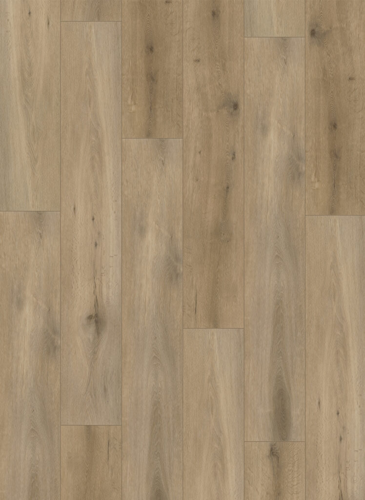 Albendo, vloeren specialist - Click PVC 5102 (harde klik) Natuurlijk Eiken heeft lichtbruine planken met een natuurlijke nerf en knoestenpatroon, gelegd in een verspringend ontwerp voor een warme, rustieke uitstraling.