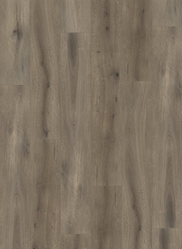 Albendo, vloeren specialist - Een close-up van de Click PVC 5103 (harde klik) Eik natuur gerookt toont middelbruine tinten, natuurlijke houtnerfpatronen, knoesten en subtiele kleurvariaties op de planken.