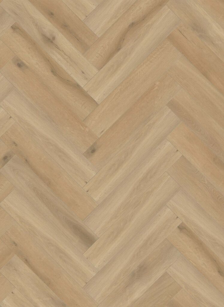 Albendo, vloeren specialist - Click Visgraat 5200 (stijve klik) Eik Naturel Donker is een lichte houten vloer in visgraatmotief met natuurlijke nerven en subtiele knoesten op elke plank.