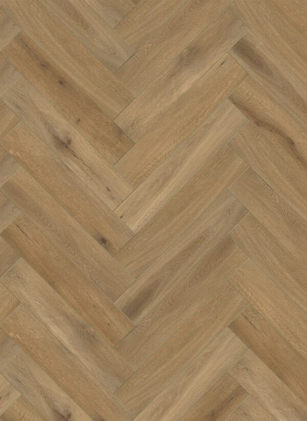 Albendo, vloeren specialist - Click Visgraat 5202 (harde klik) Eiken naturel heeft een lichtbruin visgraatpatroon met zichtbare houtnerven en natuurlijke knoesten, waardoor een warme, getextureerde look ontstaat met V-vormige zigzagplanken.