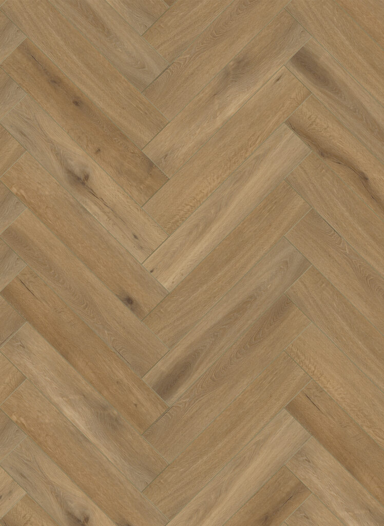 Albendo, vloeren specialist - Click Visgraat 5202 (harde klik) Eiken naturel heeft een lichtbruin visgraatpatroon met zichtbare houtnerven en natuurlijke knoesten, waardoor een warme, getextureerde look ontstaat met V-vormige zigzagplanken.