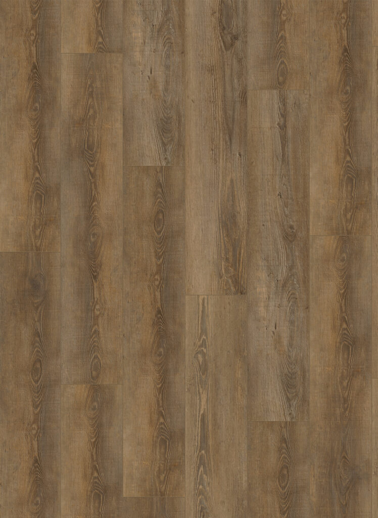 Albendo, vloeren specialist - Close-up van Click PVC 5601 (harde klik) Smoked Oak Natural toont bruine planken met natuurlijke houtnerven, knoesten en verschillende tinten, gerangschikt in een verspringend patroon.