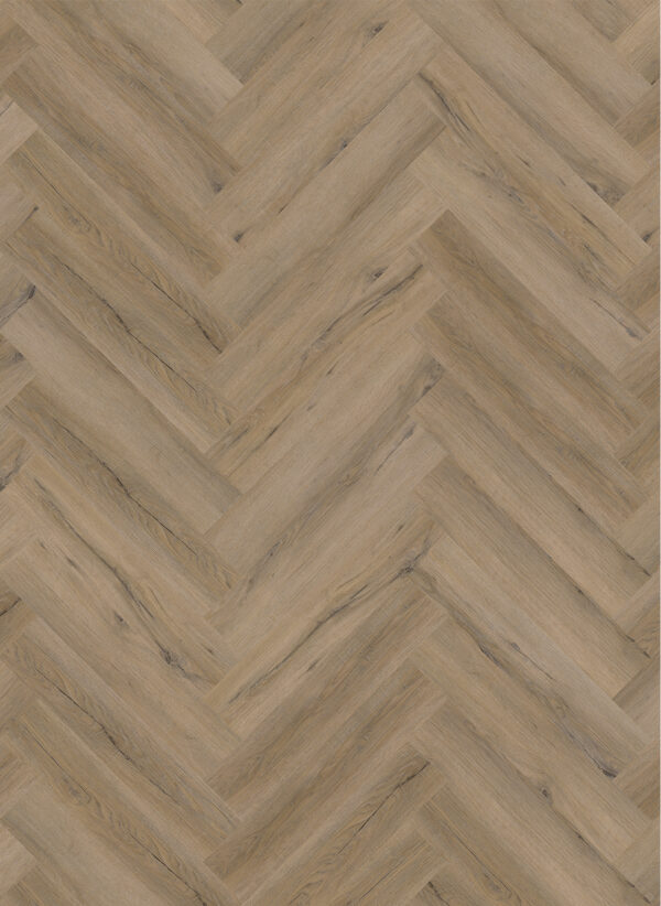 Albendo, vloeren specialist - Click Visgraat 5202 (harde klik) Natuurlijk Eiken biedt houten vloeren met visgraatmotief met lichtbruine planken, natuurlijke houtnerven en subtiele knoesten voor een stijlvolle geometrische look.