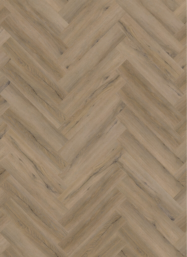 Albendo, vloeren specialist - Click Visgraat 5202 (harde klik) Natuurlijk Eiken biedt houten vloeren met visgraatmotief met lichtbruine planken, natuurlijke houtnerven en subtiele knoesten voor een stijlvolle geometrische look.