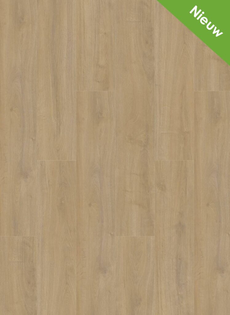 Albendo, vloeren specialist - Click PVC 7100 (Rigid Click) Lime heeft een licht eikenhouten vloer met een natuurlijk nerfpatroon. Een groen label in de rechterbovenhoek toont "Nieuw" in witte tekst.
