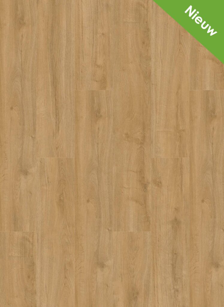 Albendo, vloeren specialist - Click PVC 7100 (Rigid Click) Lime (kopie) heeft een licht eikenhouten vloer met een natuurlijk nerfpatroon. In de rechterbovenhoek staat een groene driehoek met de tekst "Nieuw".