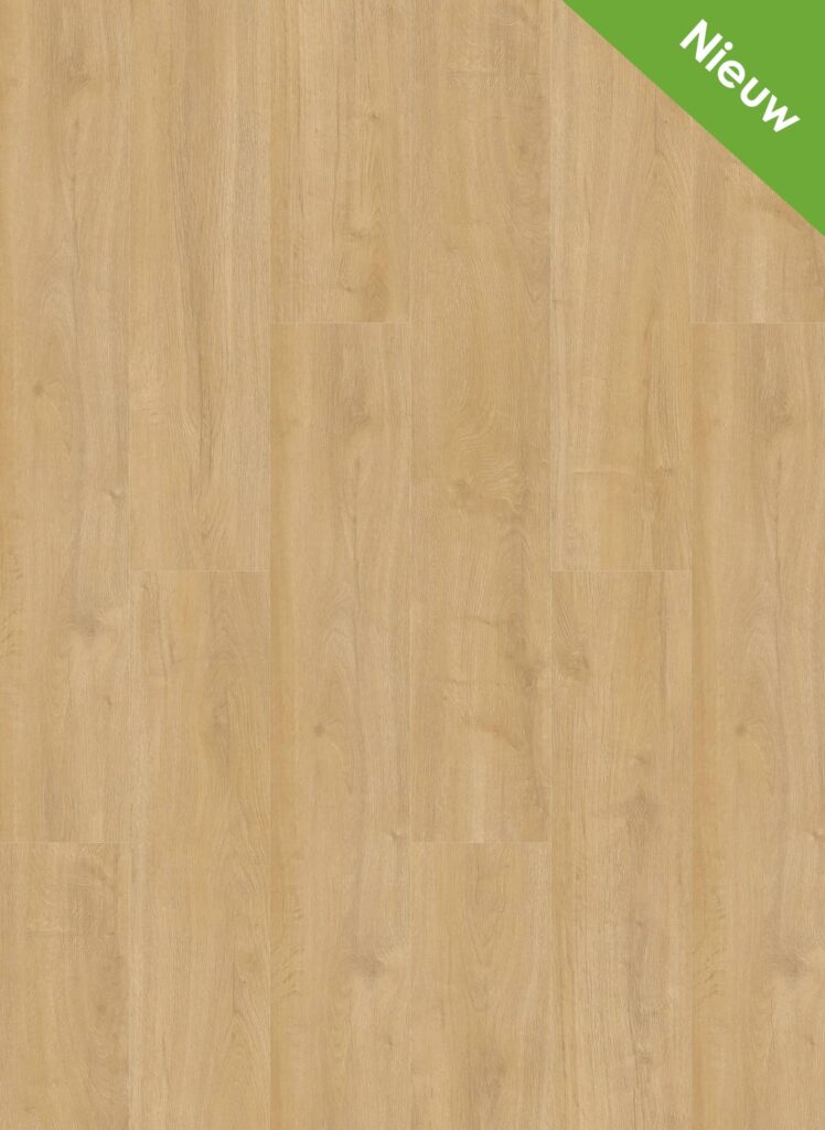 Albendo, vloeren specialist - Click PVC 7101 (Rigid Click) Naturel heeft een lichte houtnerfstructuur met een natuurlijke eikenstructuur. Een groene hoekbanner in de rechterbovenhoek toont "Nieuw," Nederlands voor "Nieuw.