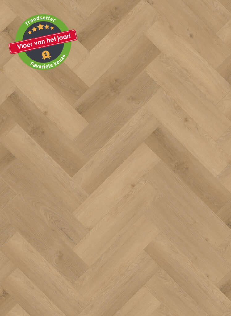 Albendo, vloeren specialist - Click PVC Visgraat 5400 (Rigid Click) Prestige Eik Naturel getoond in een lichtbruin visgraatmotief. Op de badge linksboven staat "Trendsetter Vloer van het jaar! Favoriete keuze" met ster, kroon en duim omhoog iconen.