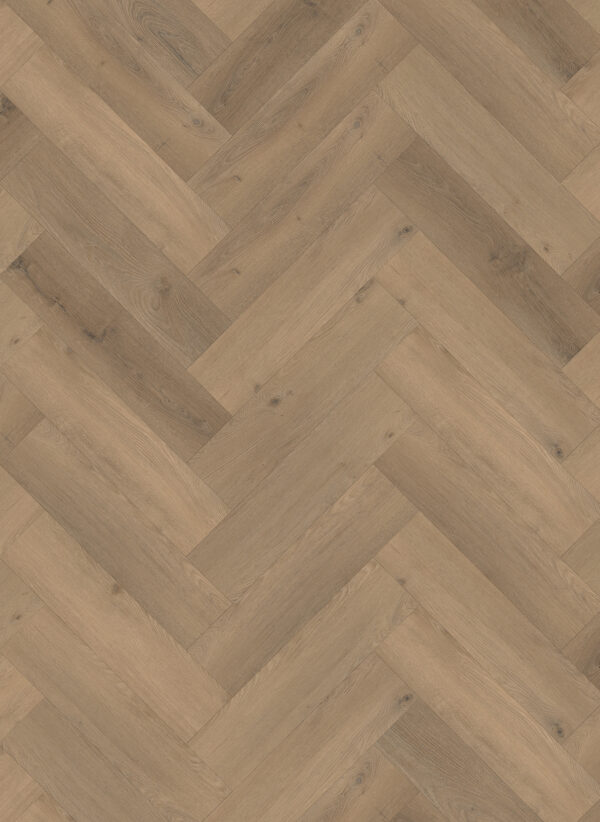 Albendo, vloeren specialist - Click PVC Visgraat 5400 (Rigid Click) Prestige Eik Naturel heeft een lichtbruin visgraatpatroon met natuurlijke nerven en knoesten op elke plank voor een authentieke houtlook.