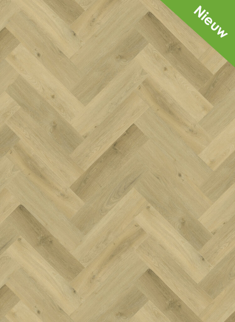 Albendo, vloeren specialist - Click PVC Visgraat 5401 (Rigid Click) Prestige Eik Gerookt vloerbedekking in een licht houten visgraatmotief, met een groen lint met "Nieuw" in het Nederlands in de rechterbovenhoek.