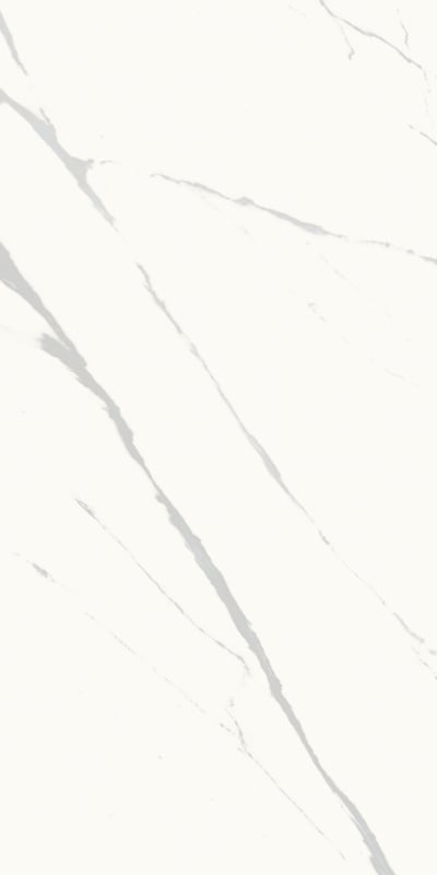 Albendo, vloeren specialist - De Vloertegel / Wandtegel Kale Calacatta Calma 60x120cm heeft een witte marmeren look met subtiele grijze diagonale adering voor een glad, elegant en minimalistisch oppervlak - ideaal voor moderne aanrechten of vloeren.
