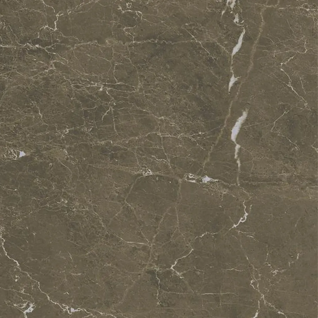 Albendo, vloeren specialist - Close-up van Vloertegel / Wandtegel Kale Coffee Brown Glans 60x60cm: een donkerbruine marmerlook tegel met lichtbeige en witte aderpatronen voor een natuurlijke, gestructureerde uitstraling.